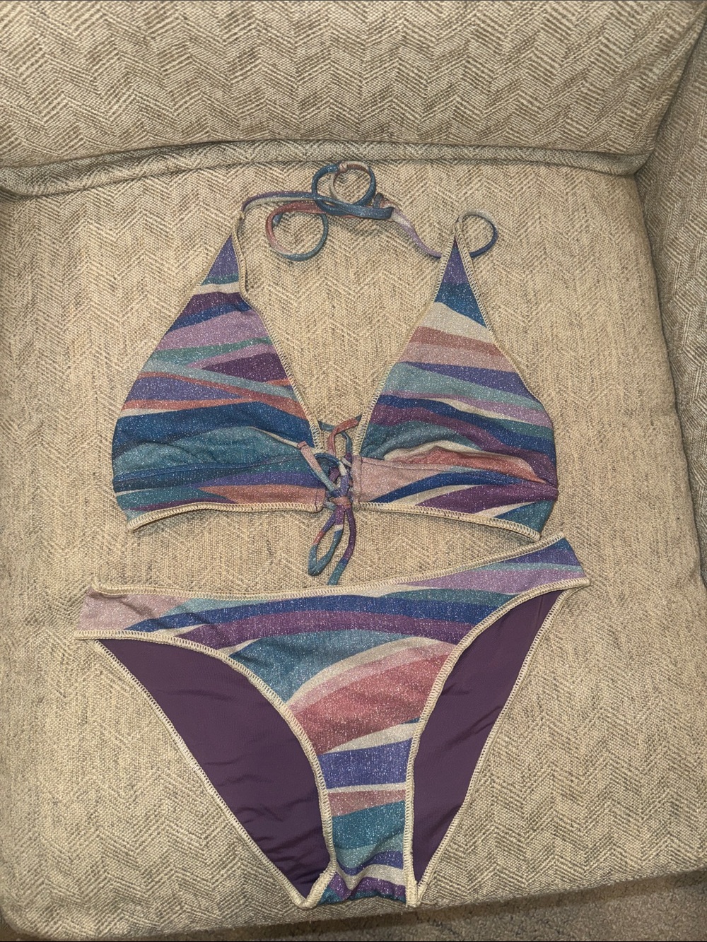BECCA Reversible Multicolor Wave Bikini Set with Sparkle Trim